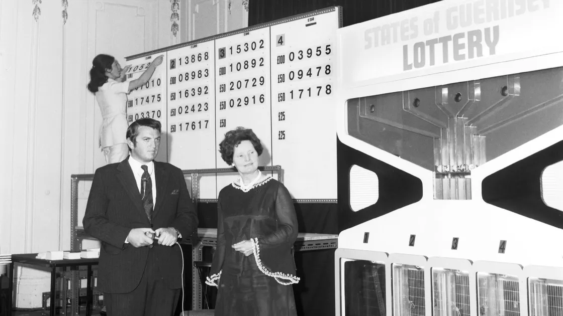 The first ever States of Guernsey lottery draw in 1971 with Deputies Tony Bran and Iris Pouteaux presiding. (33013436)