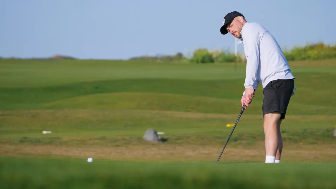 Sam Le Huray putts during Wednesday's semi-final at L'Ancresse which he won with partner Ronnie Casey.
