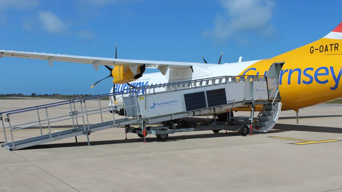 One of the two Aviramp Lite ramps purchased by Guernsey Ports positioned against the door of one of Aurigny’s ATRs.