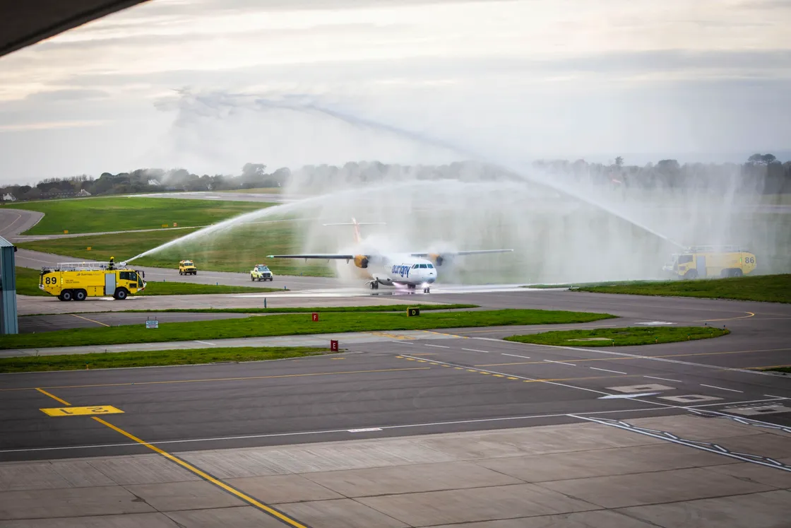 G-OATR is given a traditional welcome at the airport. (Pic by Sophie Rabey, 26172028)