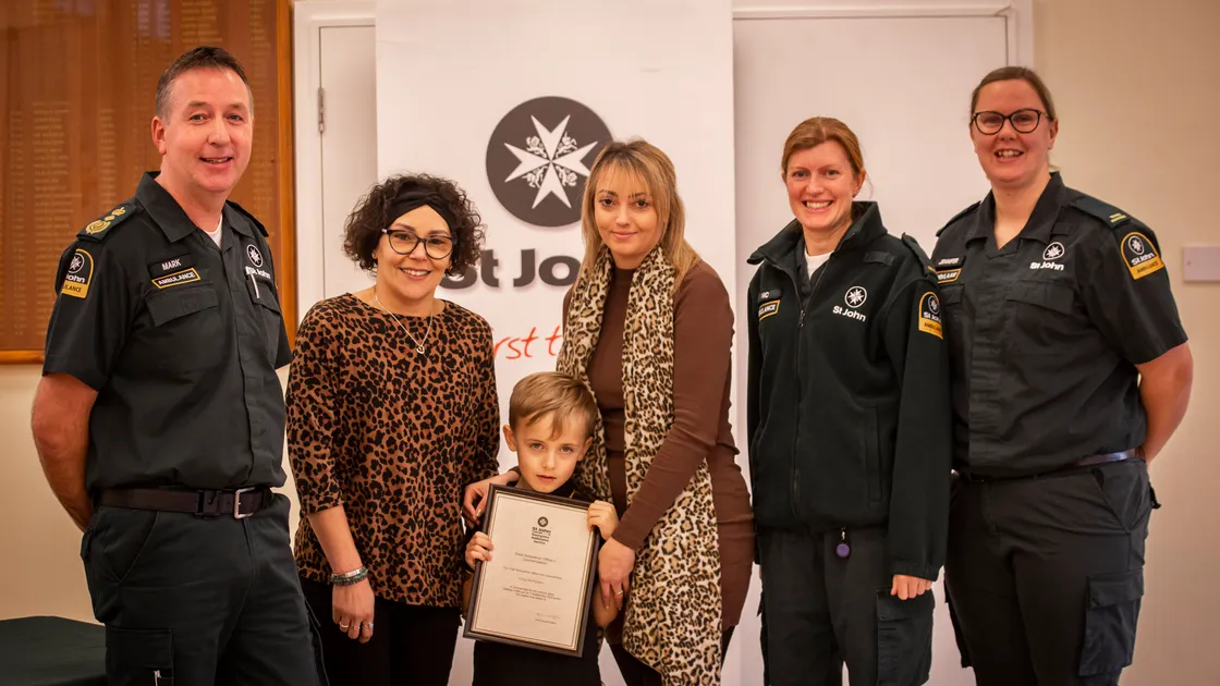 A proud moment for Colby Bridgman, now aged six, who was was only five when he stayed calm and called an ambulance when his mother, Jess Payne, fell ill. Yesterday he received an award from the St John Emergency Ambulance Service. Left to right, chief ambulance officer, Mark Mapp, Colby with his grandmother and mother, and Nicolette Hamon and Jen Lindfield, the crew of the ambulance which responded to his call. (31701476)