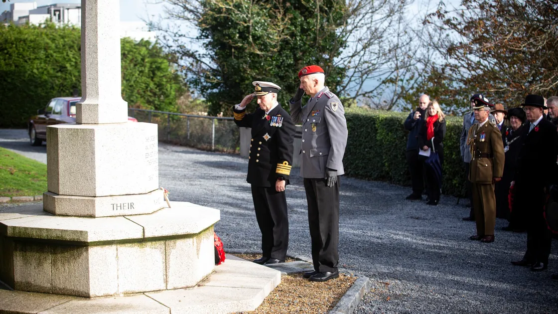 Wreath laid jointly by His Excellency the Lieutenant Governor Sir Ian Corder and Colonel (GS) Jakschik, Allied Rapid Response Corps. At the British memorial. (Picture by Peter Frankland, 26323846)