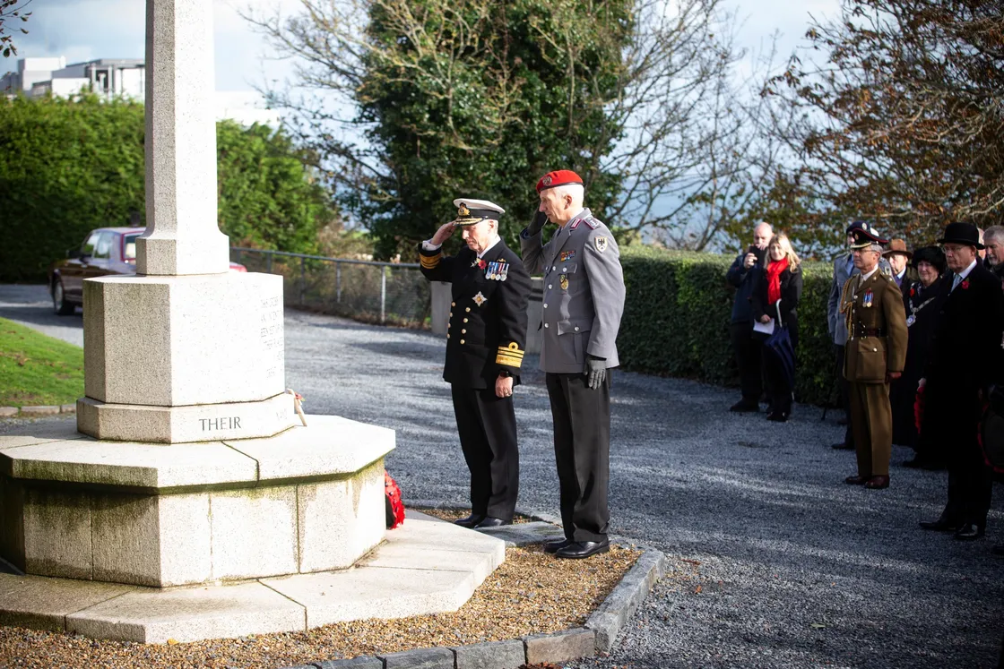 Wreath laid jointly by His Excellency the Lieutenant Governor Sir Ian Corder and Colonel (GS) Jakschik, Allied Rapid Response Corps. At the British memorial. (Picture by Peter Frankland, 26323846)