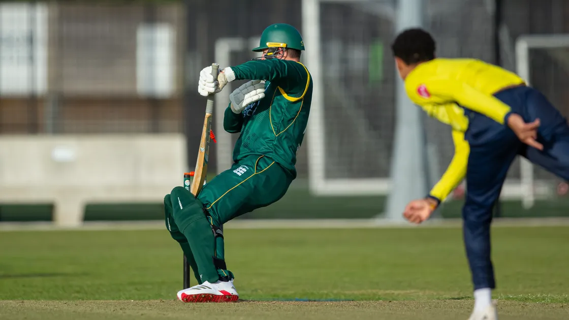Manny Lumsden dismisses Martin-Dale Bradley when Hampshire Academy played Guernsey last year. The fast bowler went on to play in the U19 World Cup final for England.