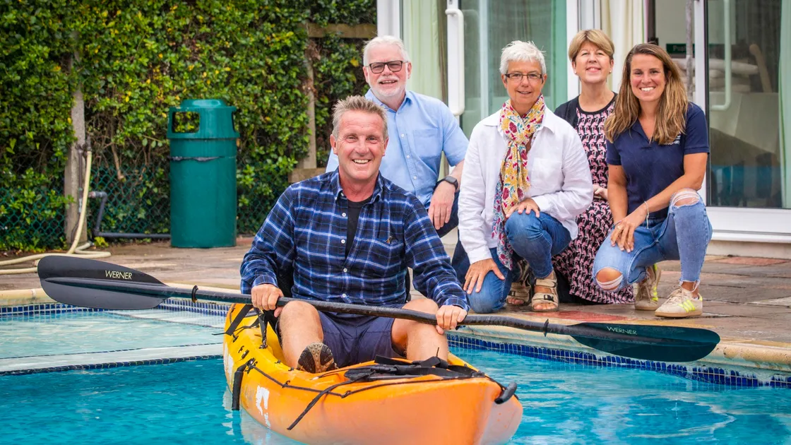 The Smile For Georgie Foundation partnered with Outdoor Guernsey for the Tour the Shores kayak challenge and raised £5,000 for both Les Bourgs Hospice and Guernsey Mind. Outdoor Guernsey’s Ant Ford Parker, in the kayak is pictured with, left to right, foundation trustees Peter Le Cheminant and Jenny Le Prevost, Jo Boyd from Les Bourgs Hospice co-ordinator Maddy Diligent of Guernsey Mind. (Picture by Sophie Rabey, 29843496)