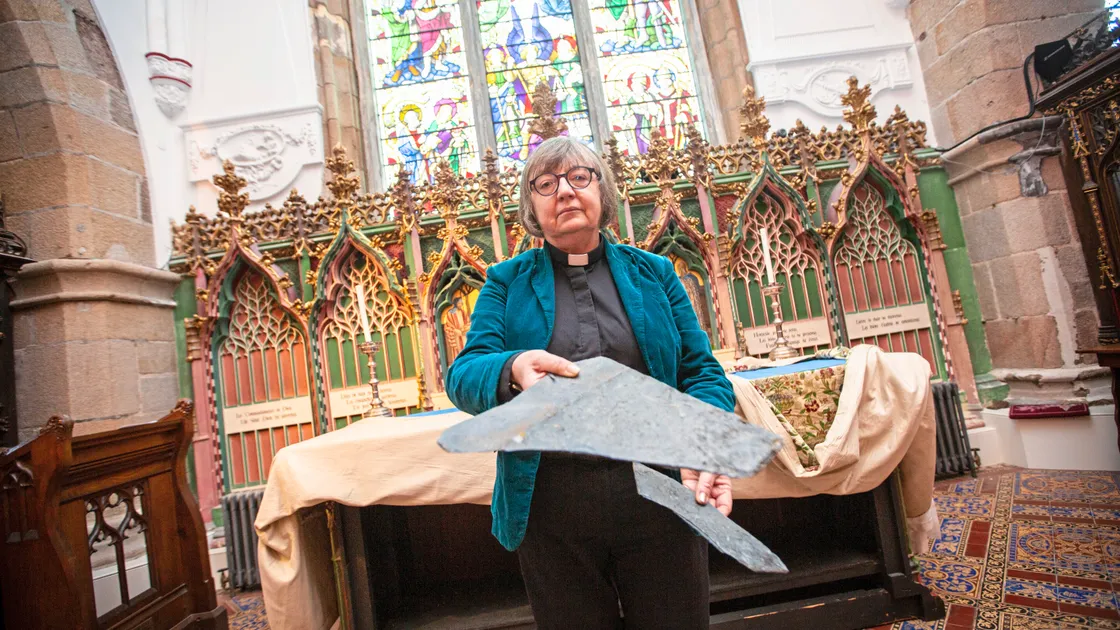 The Rev. Penny Graysmith at the Town Church which sustained damage on Thursday due to the rain and wind storm. (Picture by Sophie Rabey, 33809057)