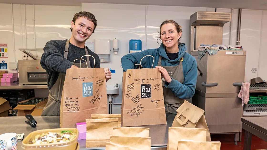 Jamie Etheridge and Sasha Marsh of The Farm Shop which has undertaken a 12 days of Christmas initiative where it is gifting and delivering 240 meals to nursing and care staff, supported by a generous community donation