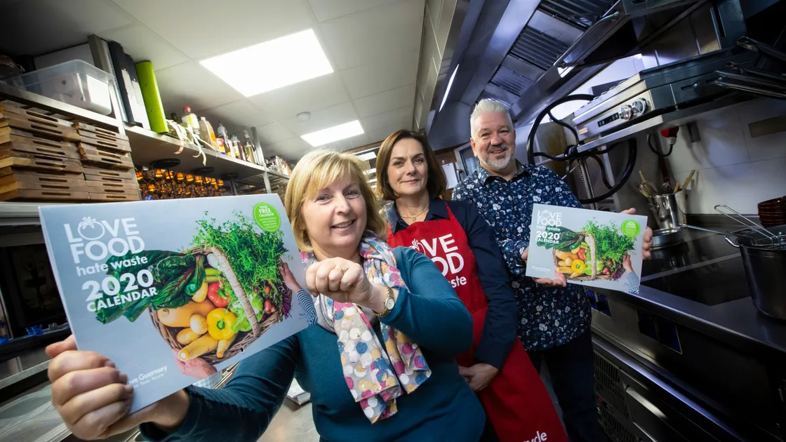 A new ‘Love Food Hate Waste’ calendar has been released for 2020. Pictured at JB Parker’s in Moores Hotel are Karel Harris, MD of Sarnia Hotels, left, Tina Norman-Ross, recycling officer and Calum Le Noury, operations director of Sarnia Hotels. (Picture by Peter Frankland, 26510578)