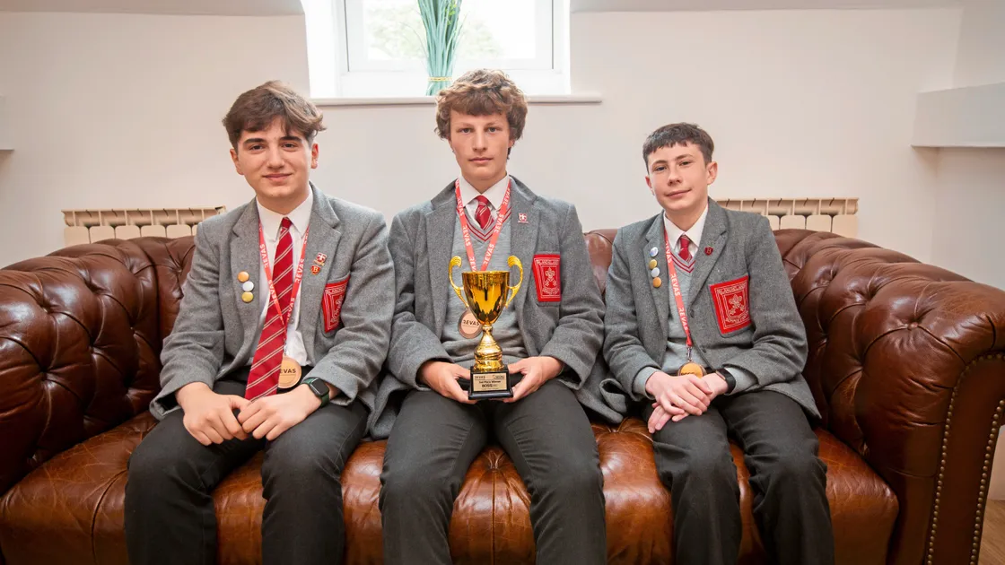 Blanchelande Year 10 business students Francesco Cacace, left, Oliver Pedersen and James Mills, right, placed third in the national Boss Business Competition. (Picture by Sophie Rabey, 33327252)
