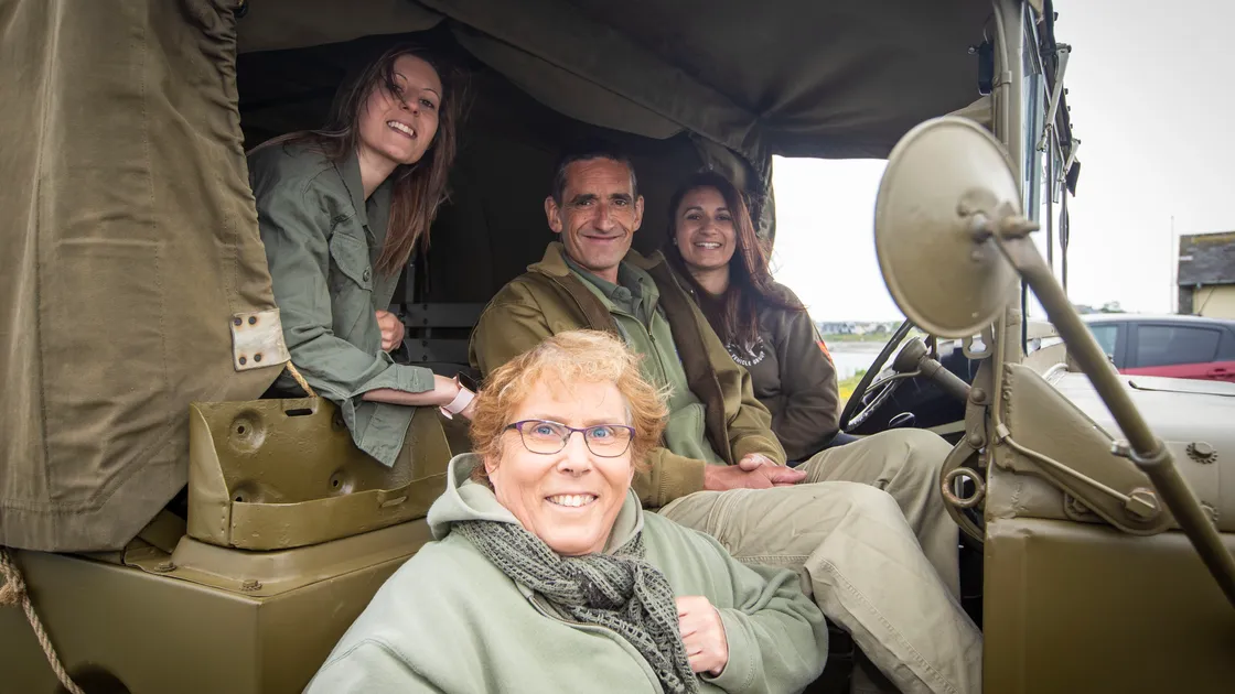Picture by Sophie Rabey.  04-05-20.  Guernsey Military Vehicle Group have had to change their plans that they had in place for the 75th Liberation Day here this year because of Coronavirus Lockdown.  Instead of the usual cavalcade they will be posting videos on their social media throughout the day to show islanders some of their members military vehicles.  Dyer family, L-R Sophie, Tracie, Stuart and Laura.. (28240591)
