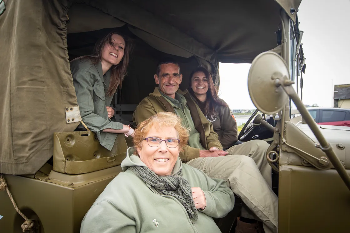 Picture by Sophie Rabey.  04-05-20.  Guernsey Military Vehicle Group have had to change their plans that they had in place for the 75th Liberation Day here this year because of Coronavirus Lockdown.  Instead of the usual cavalcade they will be posting videos on their social media throughout the day to show islanders some of their members military vehicles.  Dyer family, L-R Sophie, Tracie, Stuart and Laura.. (28240591)
