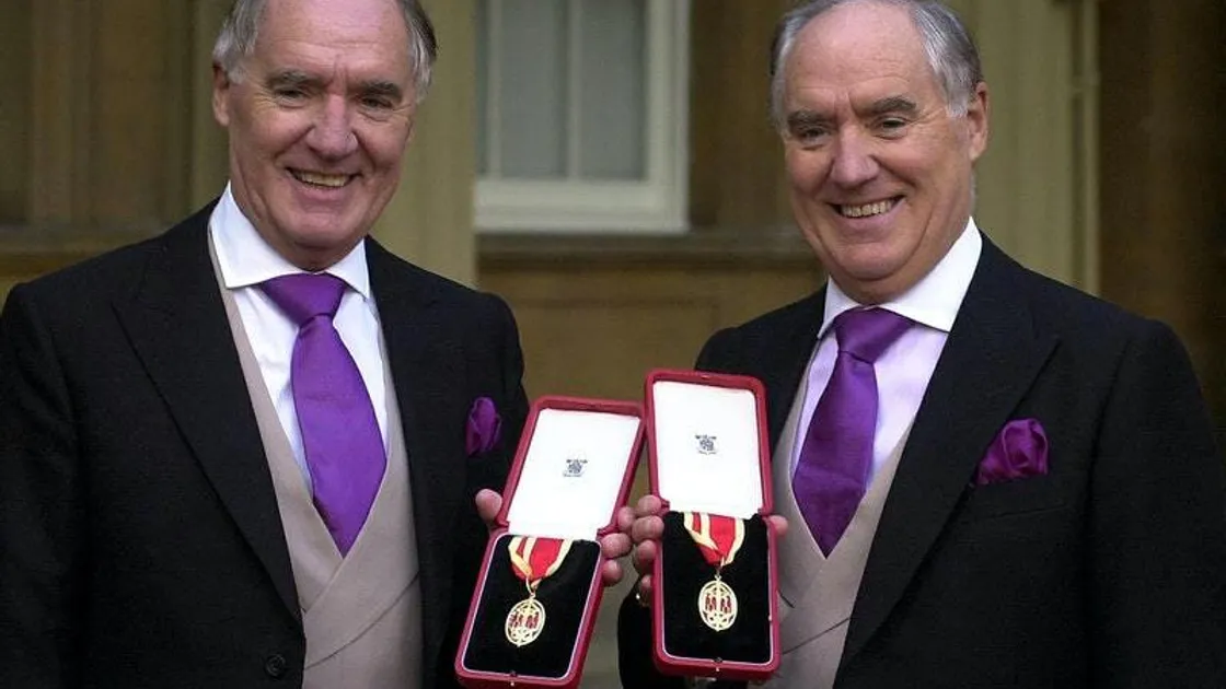 Sir David Barclay and his twin brother Sir Frederick Barclay after receiving their knighthoods at Buckingham Palace (28346479)