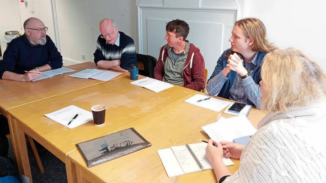 Learners enjoying a Guernesiais class. Pictured from left to right, Mark Savage, Richard Harvey, Adam Clayton, Jannick Brehaut, Claire Savage