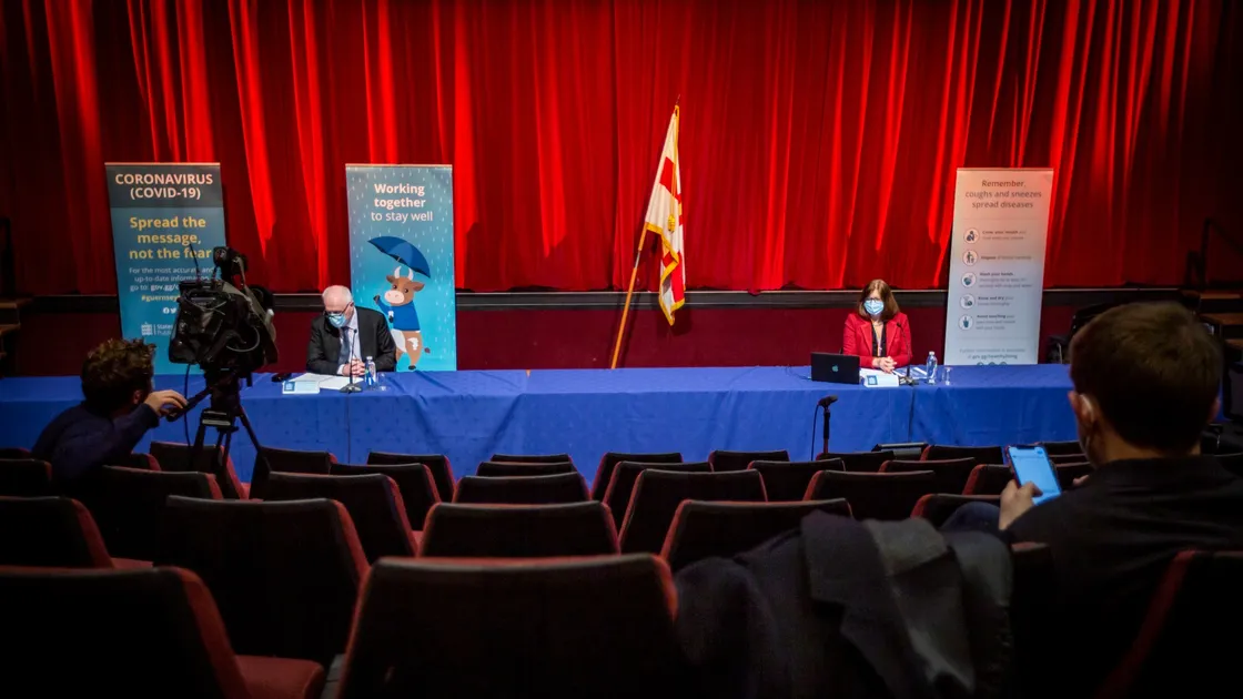 Deputy Peter Ferbrache, left, and Director of Public Health Dr Nicola Brink at yesterday’s coronavirus press briefing at Beau Sejour. (Picture by Sophie Rabey, 29184606)