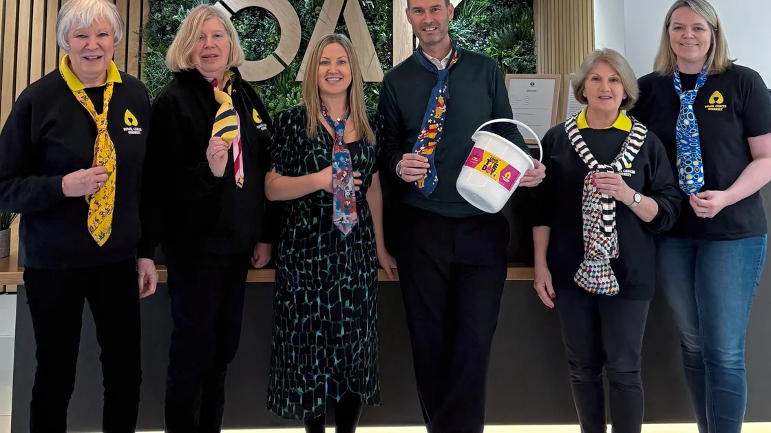 Left to right: Bowel Cancer Guernsey’s Anne Brouard and Sara Gould, Oak Group’s Anna Sauvarin, chief people officer, and James Tracey, managing director of funds and ESG lead, and Bowel Cancer Guernsey’s Clare Parkinson and Juliette Thompson. (Picture supplied)