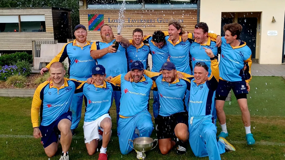 Cobo celebrate winning the Odey Wealth Weekend Championship title with a thrilling five-run win over Griffins on Saturday at the KGV. (Picture by Gareth Le Prevost, 32199555)