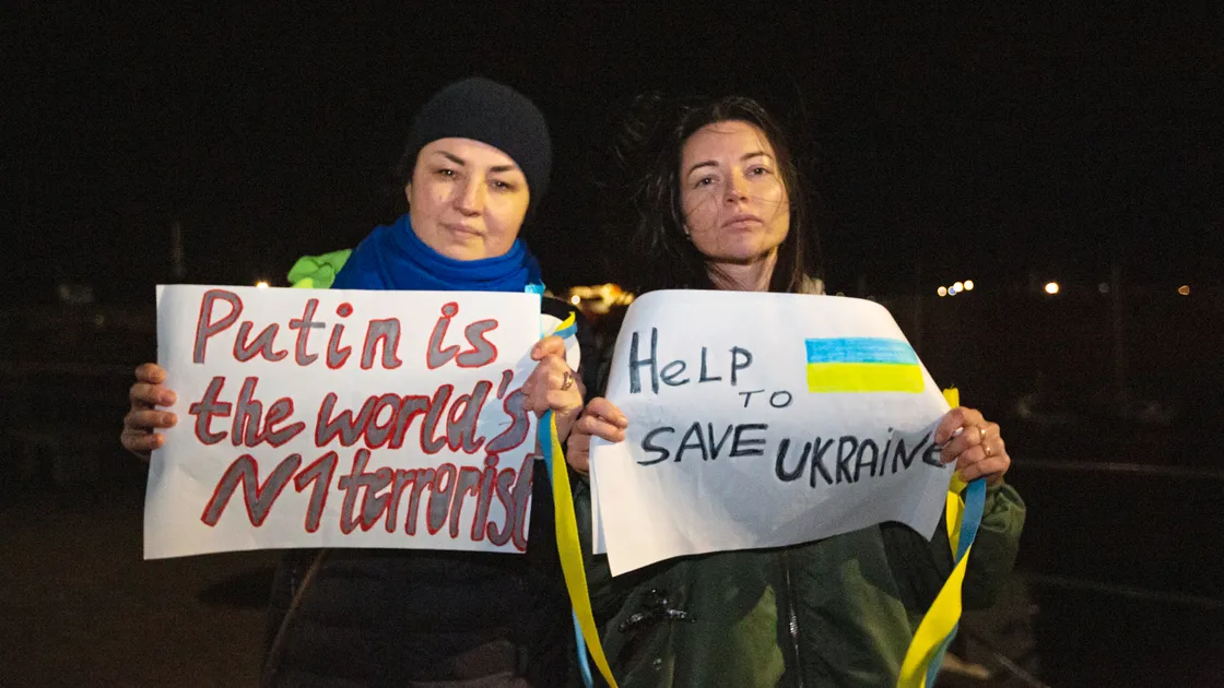 Oksana Stefak, left, and Elena Fedorenko fear for family in Ukraine and appealed for help to stop the war started by Russia. (Pictures by Luke Le Prevost, 30547469)