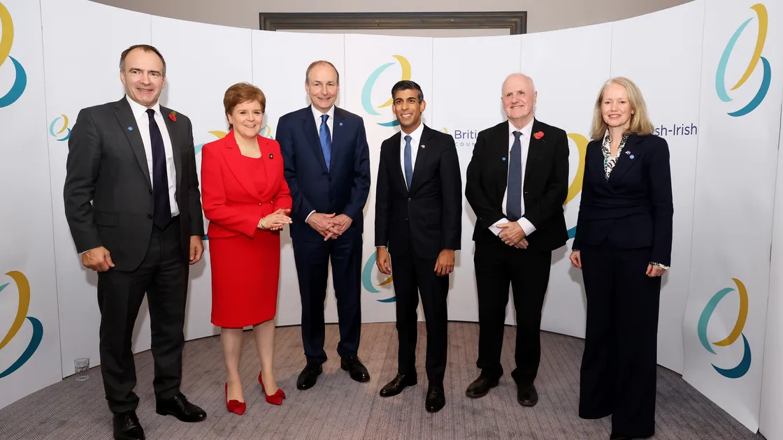 (left to right) Chief Minister of Isle of Man Alfred Cannan, Scottish First Minister Nicola Sturgeon, Taoiseach Micheal Martin, Prime Minister Rishi Sunak, P&R president Peter Ferbrache and Chief Minister of Jersey Kristina Moore during the British-Irish Council summit in Blackpool.  (31465259)