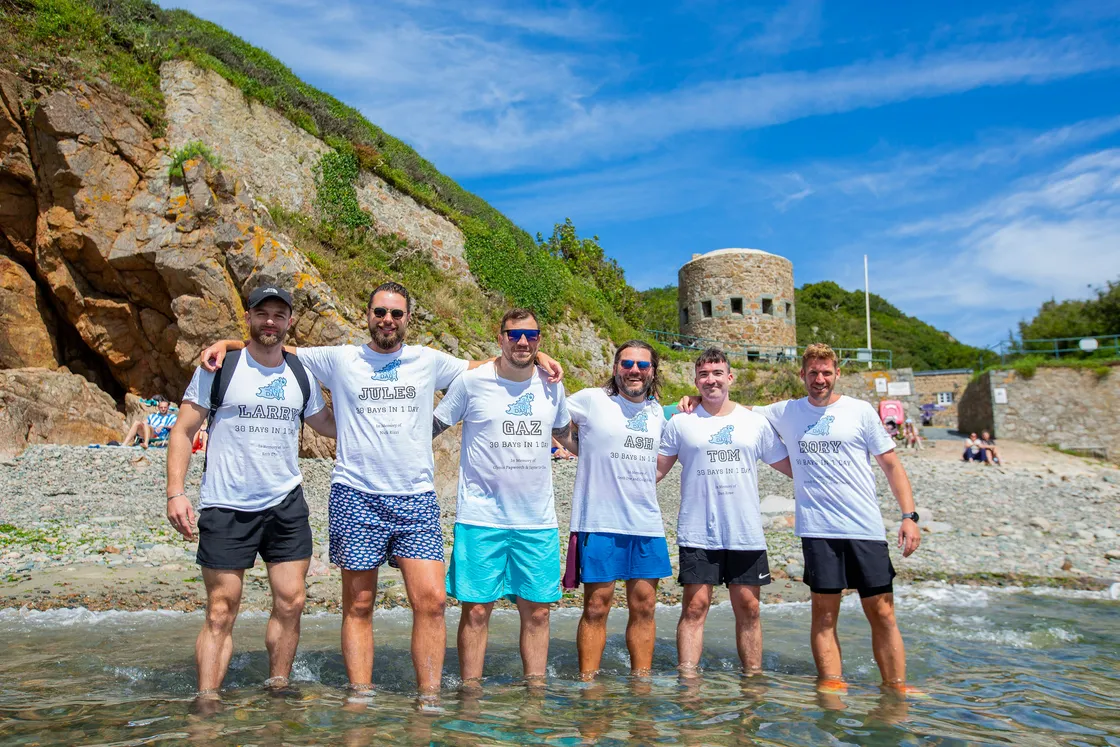 Left to right: Larry Lord, Julian Janes, Gaz Papworth, Ashley Dye, Tom Cranmer and Rory Richards at Petit Bot making their eighth dip on the course to complete 30 bays in one day in 2024. 