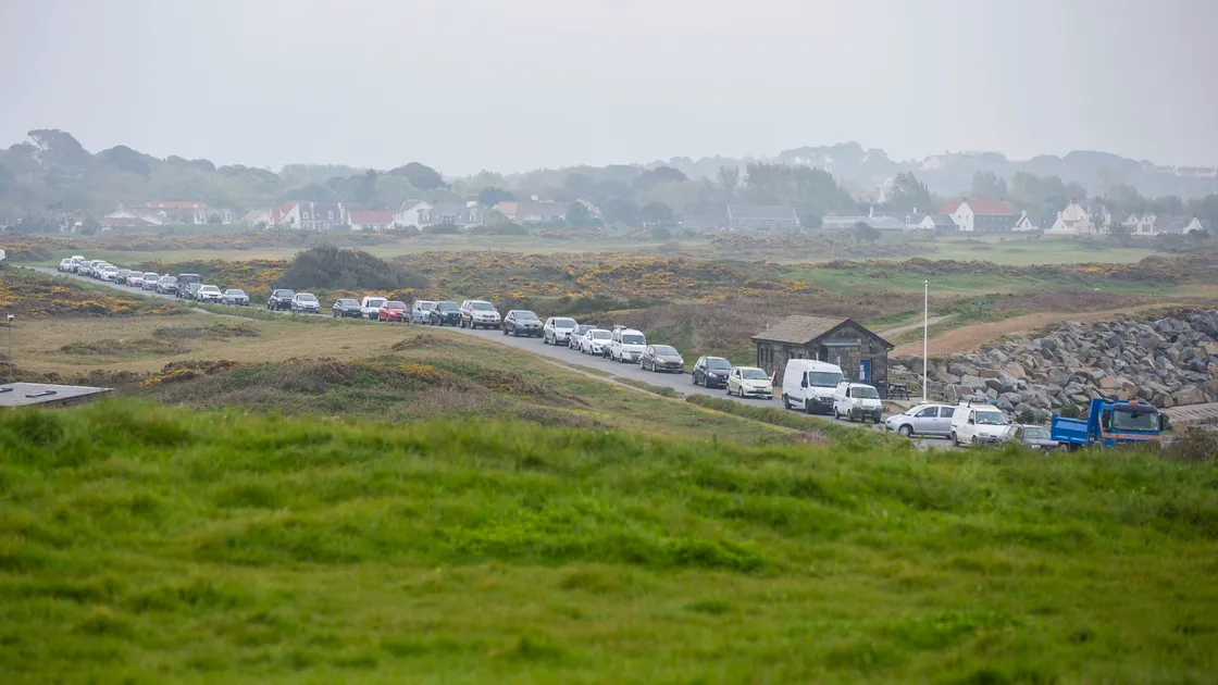 Picture by Sophie Rabey.  27-04-20.  Green Waste sites are back open today to the public today after Coronavirus Lockdown.  They are running at reduced opening hours and subject to health and safety restricions.  Chouet green waste site - backed up traffic from 8am this morning.. (28163288)