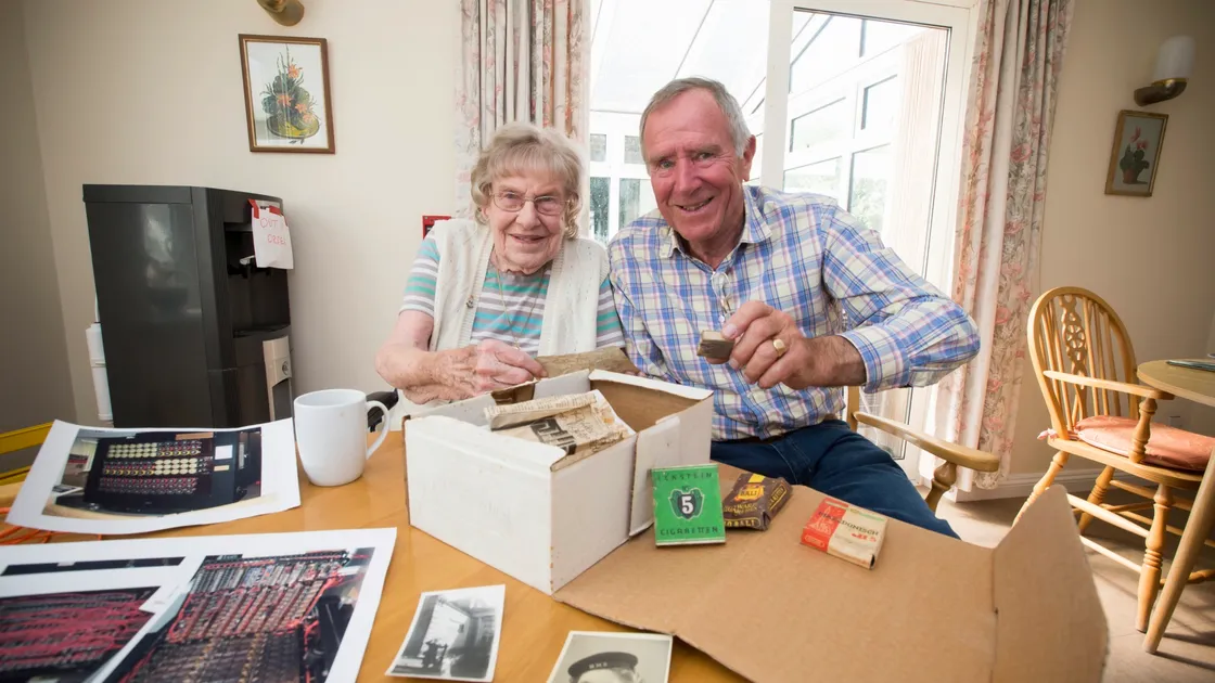 Marj Dodsworth, who served at a Bletchley Park outstation during the Second World War, one of hundreds of people tasked with cracking the Enigma code, talking to John Campbell after the Guernsey Press published a story about a German code he found in his house in St Andrew’s. (Picture by Adrian Miller, 29482281)