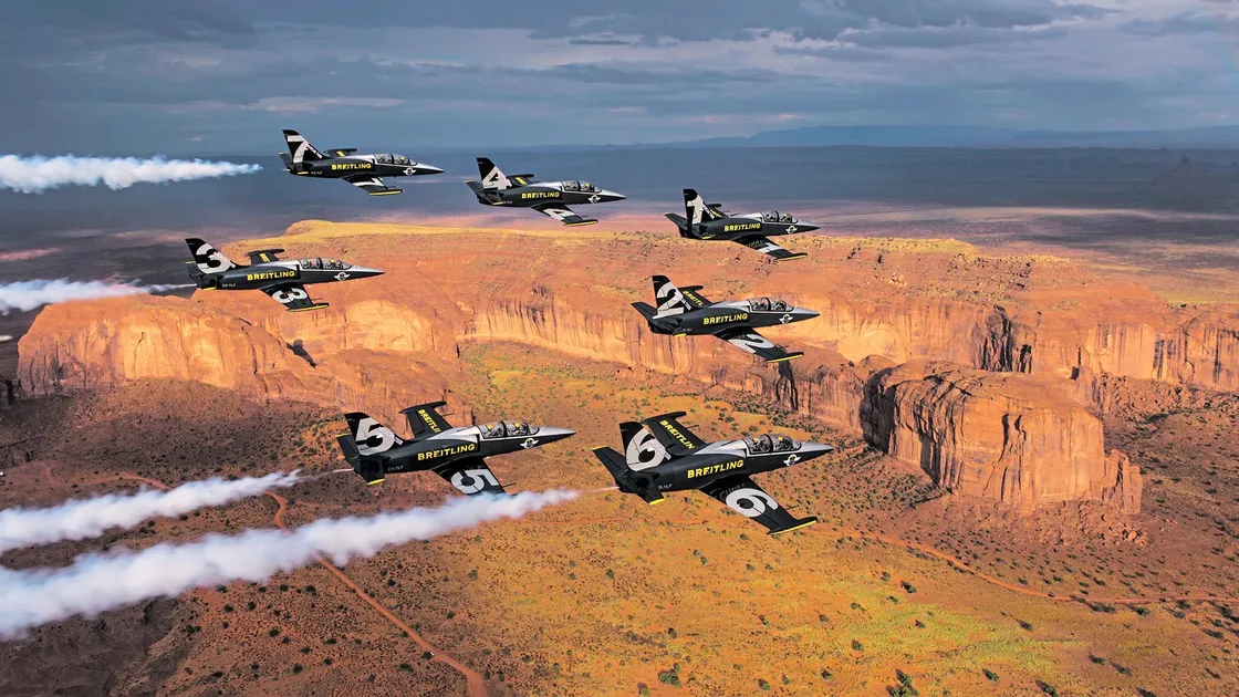Jersey is sticking to the traditional September date for its air display and has booked the Breitling Jet Team, seen flying over Monument Valley during its American tour, to headline in place of the unavailable Red Arrows. (Picture courtesy of Breitling)
