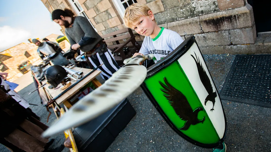 Dominic Wooldridge, 8, at Fete d’Etai at Castle Cornet. The medieval event returned yesterday for the first time since 2019. (Picture by Sophie Rabey, 32440793)