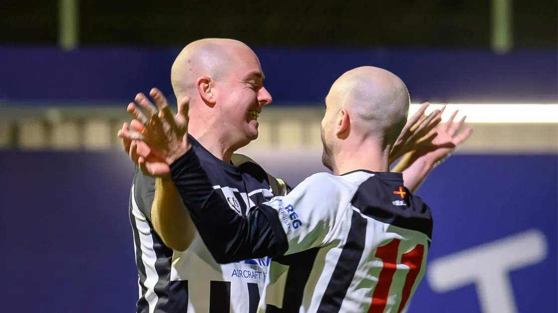 Glenn Le Tissier (left) is congratulated on his first goal for Saints by Sam Hall