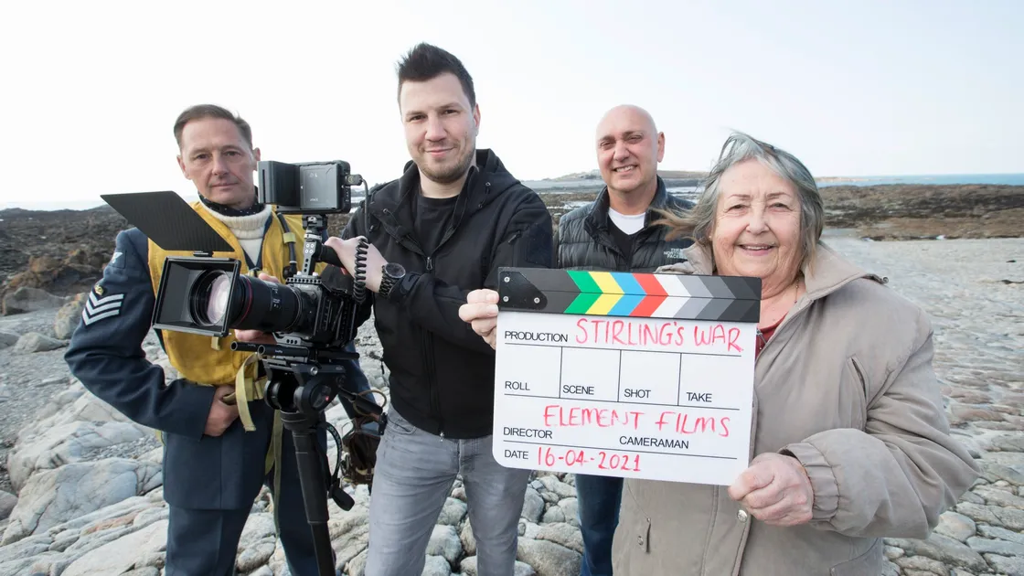 A proud moment for Pat Jenner, right, whose parents, Tom and Myra Brouard, came to the aid of RAF pilot Sgt Robert Stirling in 1941. Gaz Papworth is making a short film recreation of his wartime exploits. Left to right: actor Dave Hyett, Gaz Papworth, keen historian and pilot Tim Osborne, and Mrs Jenner.  (Pictures by Adrian Miller, 29449213)