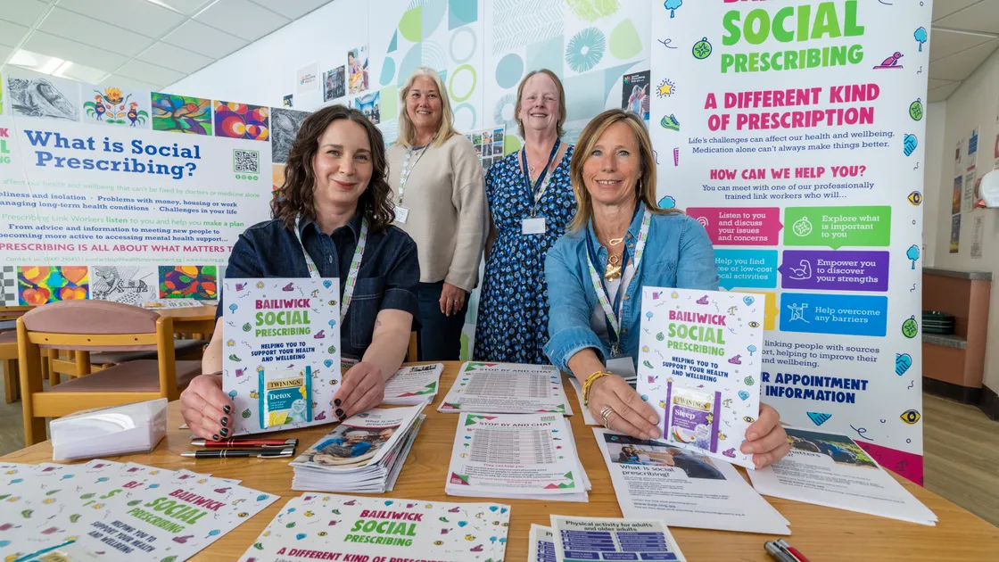The Bailiwick Social Prescribing team held a drop-in at the PEH to mark its national day. Left to right, link worker Alex Bowtle, administrator Karen Morpeth, BSP Lead Trish De Carteret, and link worker Jo Hollyer-Hill. Her colleague Jo Masterton-Pipet was unavailable for the picture. 		(Picture by Peter Frankland, 34686905)