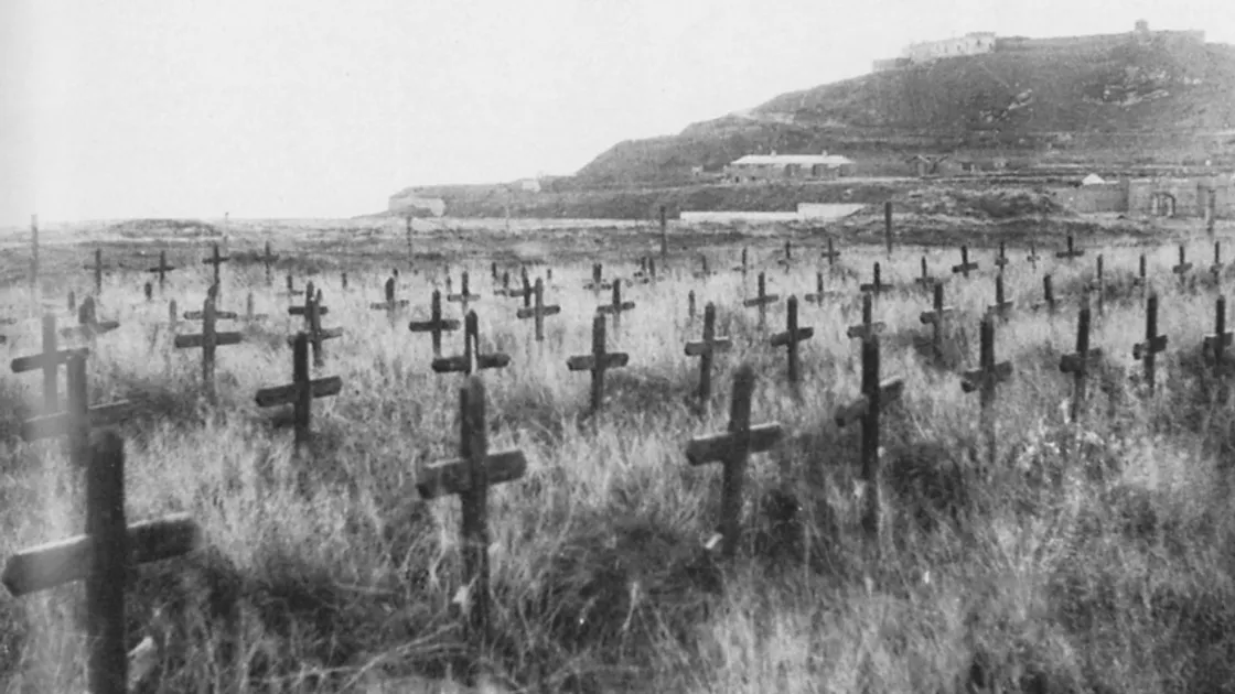 Alderney graves of Organisation Todt workers, who first arrived in the Channel Islands in 1941. Concentration camp victims were also buried here. (Picture from the Carel Toms Collection, courtesy of the Priaulx Library)
