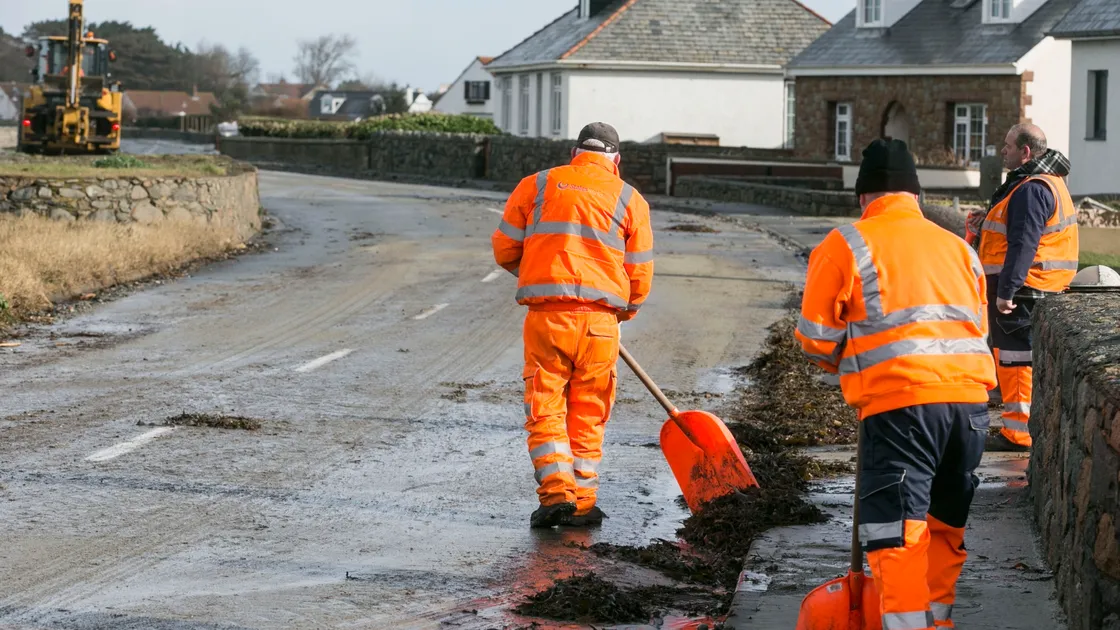 Pic by Adrian Miller 11-02-20.Perelle St Saviour's Coast Road clean up by States Works after Storm Ciara. (27143969)
