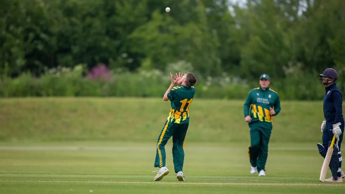 Charlie Forshaw sets himself to take a return catch in the first T20 game at the KGV on Wednesday. (Picture by Luke Le Prevost, 32168214)