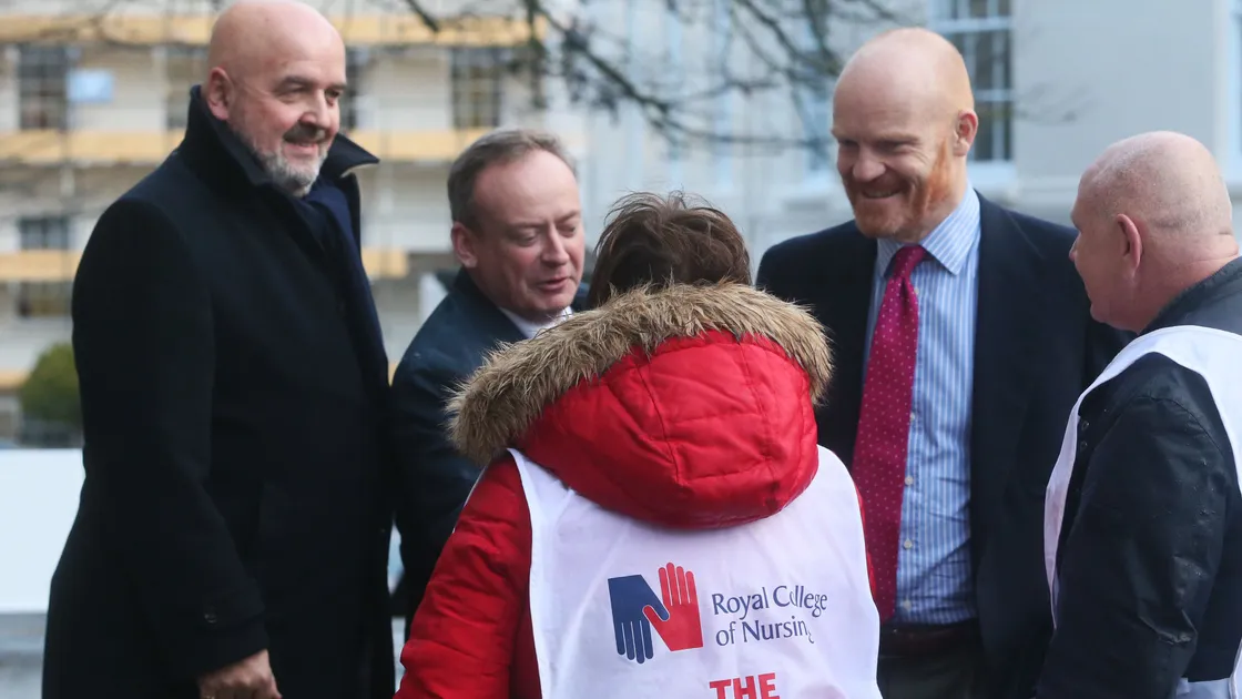 Left to right: Policy & Resources committee members Jonathan Le Tocq, Lyndon Trott and Gavin St Pier talk to the RCN representatives about nurses pay. Pic by Adrian Miller 11-12-19 (27620595)
