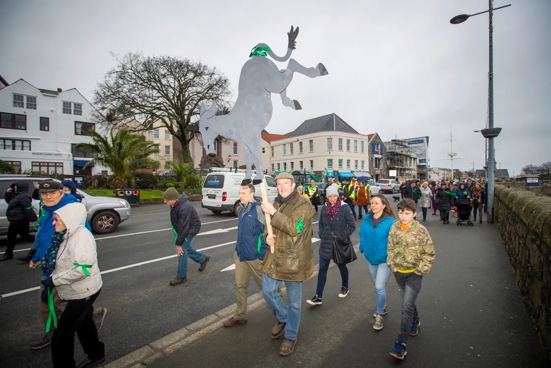 Farmer Nic Jee, whose land borders Les Beaucamps High School, took a symbolic donkey wanting to kick out the plans for two much bigger secondary schools. (27061476)