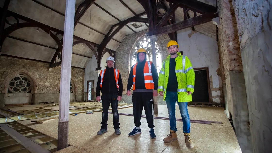 Left to right: David Doherty, site foreman, Dan Maree, director of Pulse Group and Piers Murphy, project manager inside the former church. (Picture By Peter Frankland, 30337960)