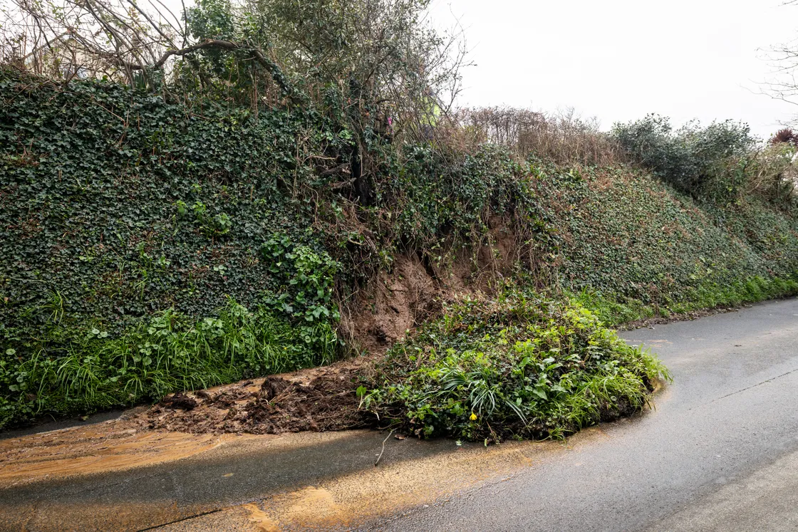 A landslip on Route de St Andre between Guernsey Water and the Four Cabot