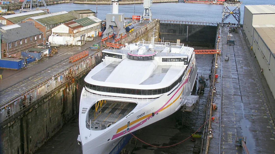 Condor Liberation in dry dock in Falmouth in March. Her scheduled sailings have been cancelled after problems with her guidance systems. Picture by Peter Lynas. 
