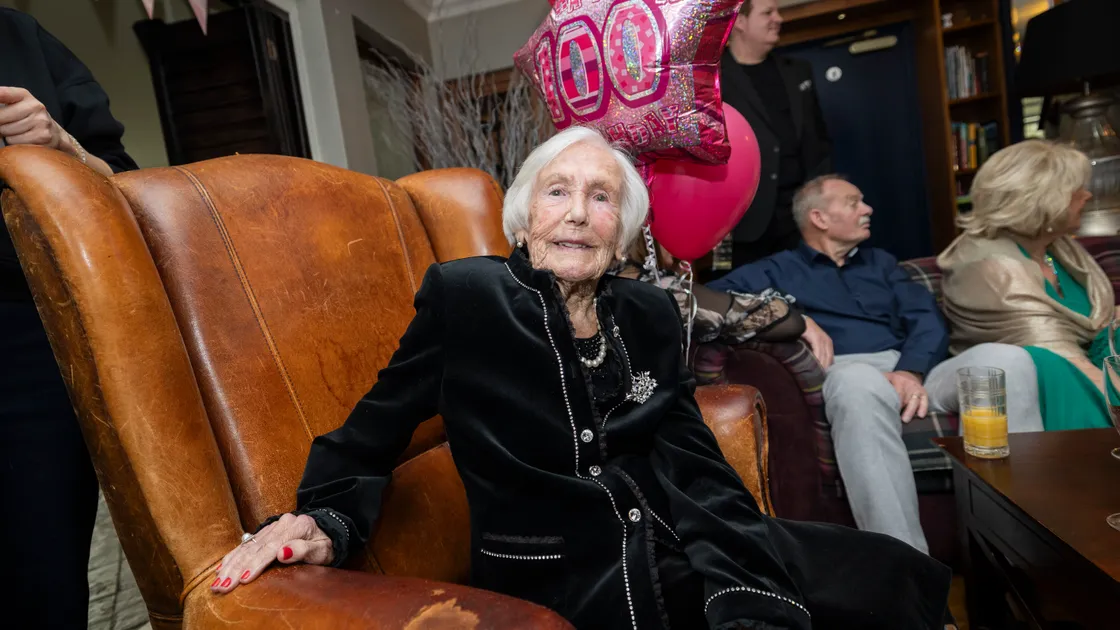 Margaret Blackwell is celebrating her 100th birthday today and is pictured at a party held at Les Roquettes Hotel with her family and friends. (Picture by Sophie Rabey, 34646956)