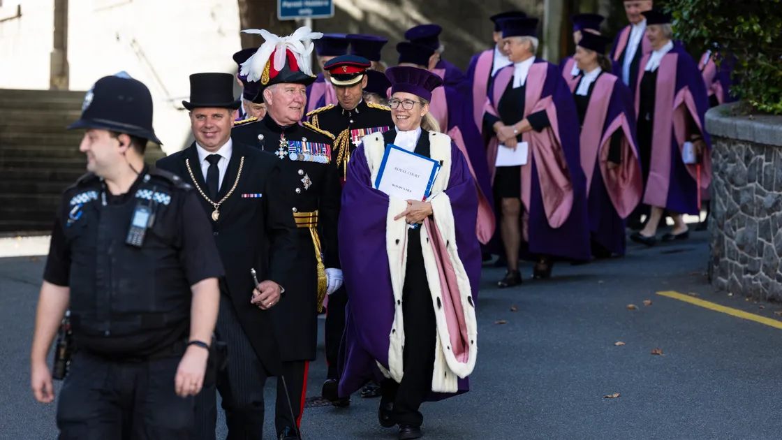 Chief Pleas procession from St James to Town Church with newly appointed Bailiff Jessica Roland.