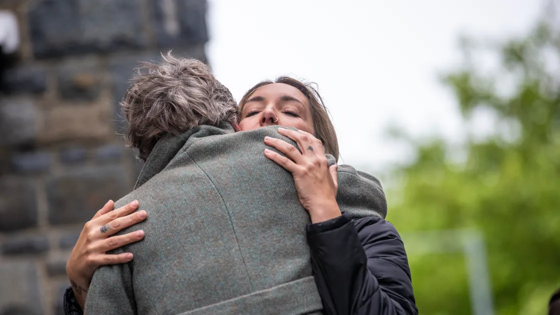 Lucia Pagliarone embraced by a supporter on the Royal Court steps yesterday before she was sentenced to three years in prison for supplying cannabis, and three months for money laundering. She has consistently campaigned for drug law reform on medicinal and economic grounds.(30947751)