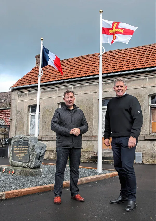 Royal Guernsey Light Infantry Association chairman Chris Oliver (left) and honorary secretary Colin Vaudin at the RGLI memorial installed outside 16 La Rue Verte, Masnieres before its dedication and unveiling in November 2017, marking 100 years since the battle.