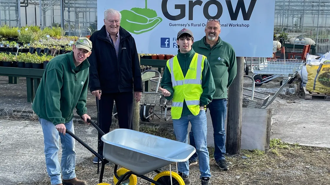 Left to right, Grow staff member Tom Lowe, wheelbarrow designer Graham Ogier, staff member Alex Houchard and staff supervisor Stuart Smale. (Picture supplied by Graham Ogier)