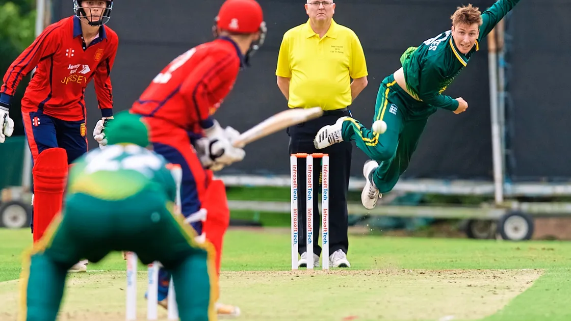 Guernsey all-rounder Matt Stokes bowling during Saturday morning’s match.  (Picture by Rob Currie, 22307286)