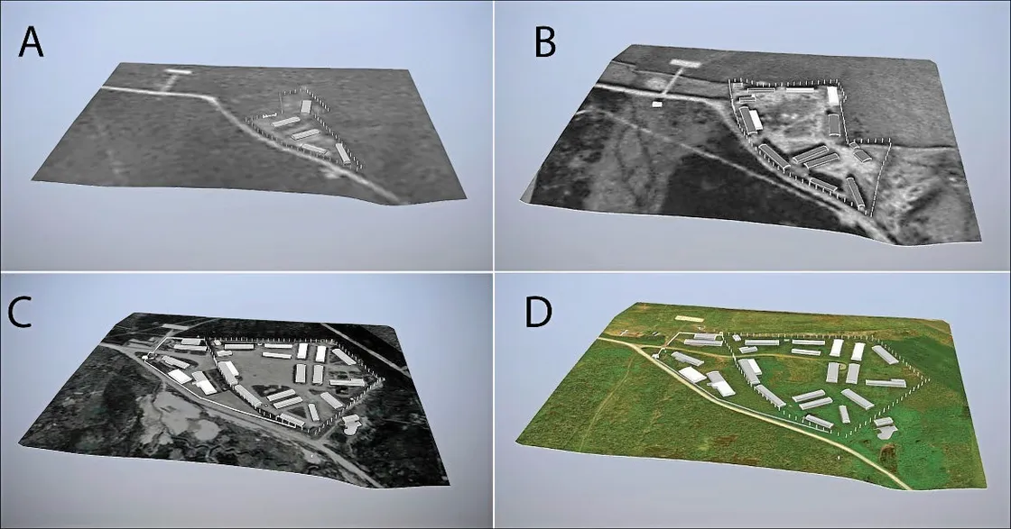 [3D reconstructions of Sylt showing how the camp looked in: A) 1942; B) 1943; C) 1944; D) 2017.  (Images: J. Kerti)
