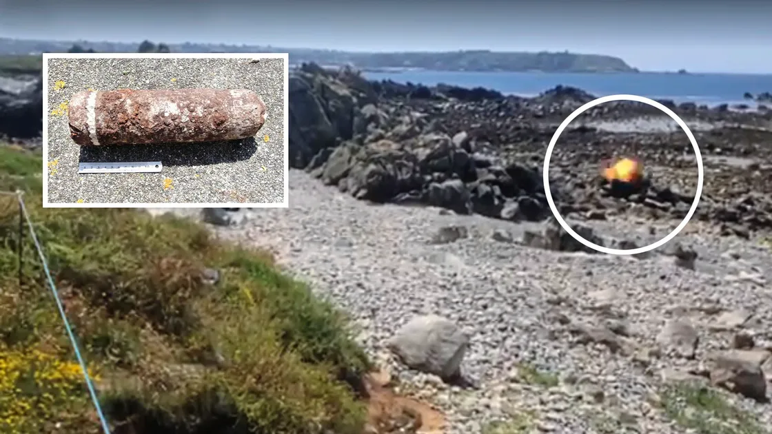 The Second World War shell found on Lihou was detonated by the Bomb Disposal Team using a controlled explosion. Picture taken from video by Lihou Charitable Trust. (25111827)