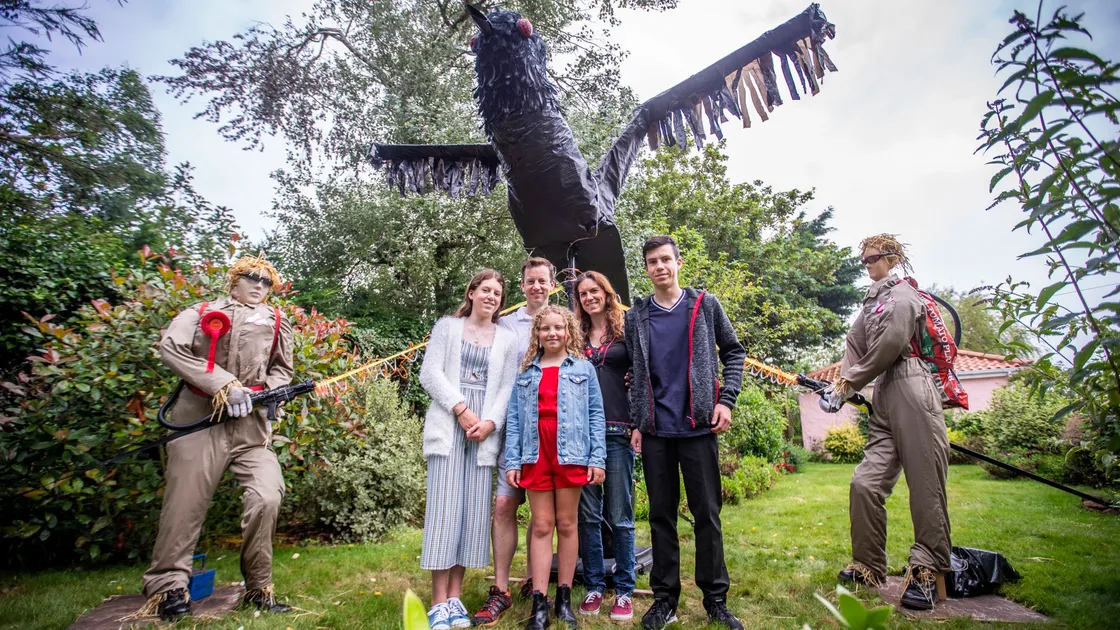 ‘Crowbusters’ by the Stanford family won first place in the 18th Torteval Scarecrow Festival judging. Left to right, Lara, 14, Carl, Scarlett, 10, Lindsay and Adam Stanford, 16. (Picture by Sophie Rabey, 29798184)