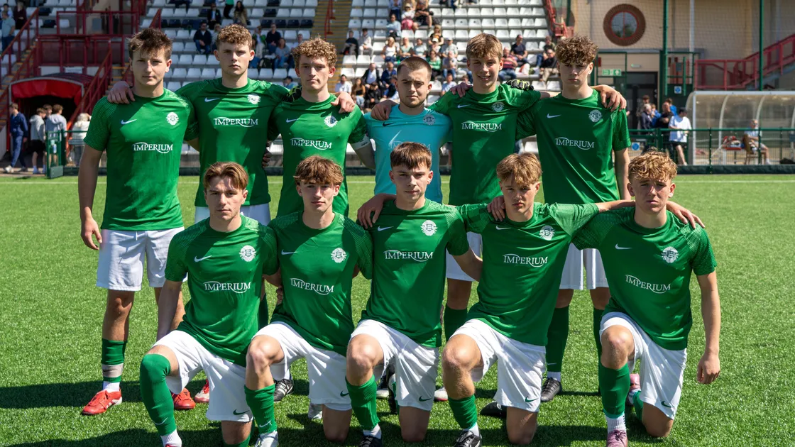 The Guernsey U18 starting XI at Springfield. Back row, left to right: Henry Marsh, Emerson Nobes, Gil Hunter, Regan Penney, Riley Tyrrell and Seb Mourant. Front row: Fin Patterson, Tyrese Kelly, Aston Young, Oskar Cleal and Alfie Torode.