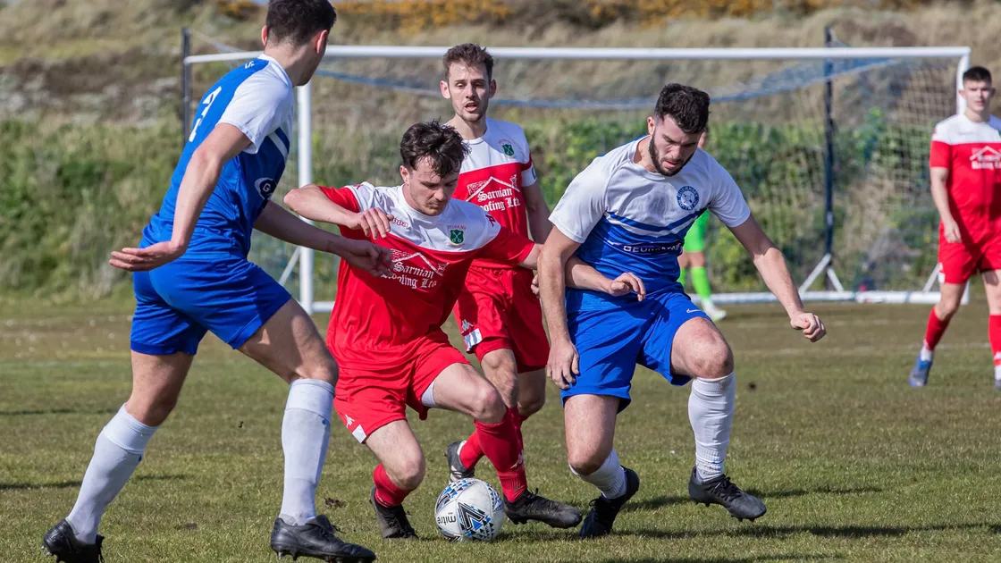 Tomos Ap Sion battles with Blair Howitt when Sylvans and Rovers met in March. Ap Sion is rated 50-50 to be fit for tomorrow while Howitt has been ruled out for the rest of the season with a ruptured Achilles. (Picture by Martin Gray, 29378849)