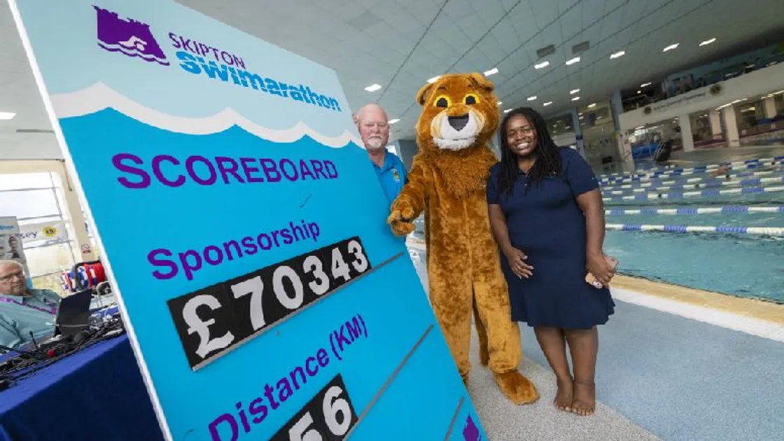 Lions Club president Paul Allaway, Leo the Lion and Lions Club community chair Tia Sibanda at the last day of the Skipton Swimarathon at Beau Sejour. 							(Picture by Peter Frankland, 34973454)